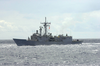 The Guided Missile Frigate Uss Rodney M. Davis (ffg 60) Steams Alongside Aircraft Carrier Uss Nimitz (cvn 68). Image