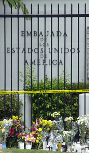 Following The Tragic Loss Of Life By Terrorist Events In New York, Washington D.c., And Pennsylvania, Mourners Have Placed Flowers And Candles Outside The U.s. Embassy In Panama City, Panama Image